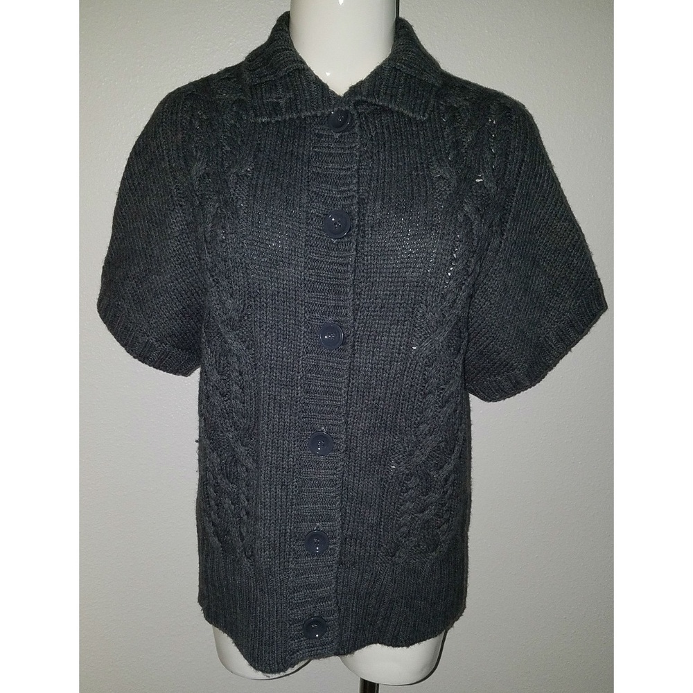 Lauren Hansen Gray Cardigan Sweater Size Medium Short Sleeves Career Knit